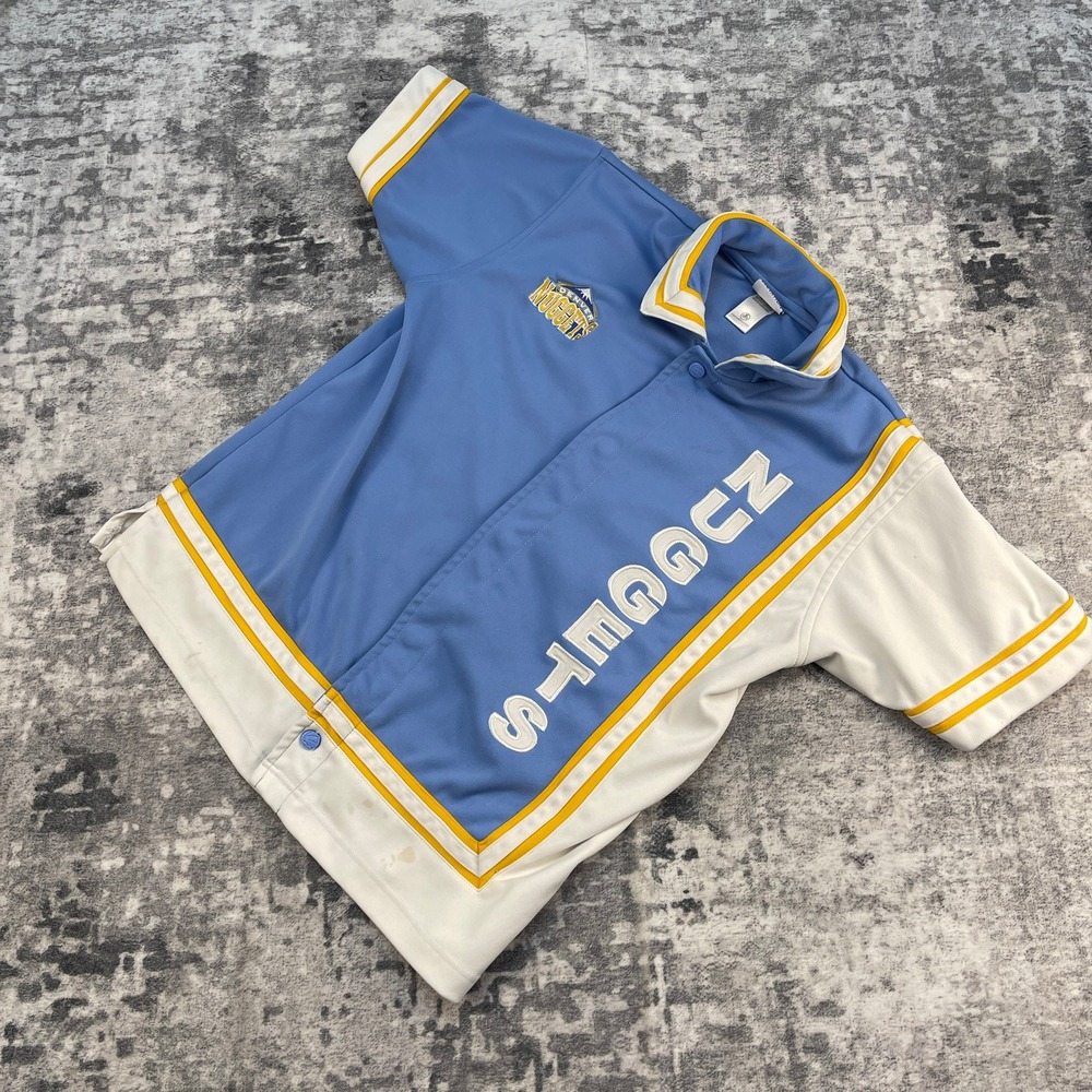 Vtg Denver Nuggets NBA Warm Up Short Sleeve Mens Medium Blue Gold Blokecore
